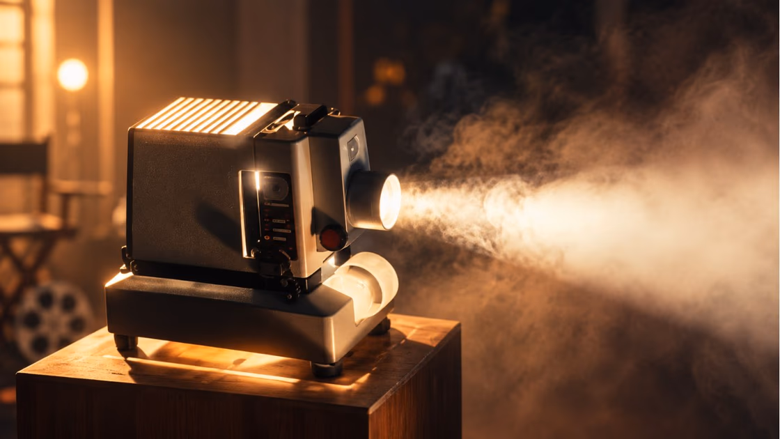 A film projector throwing a beam of light through haze